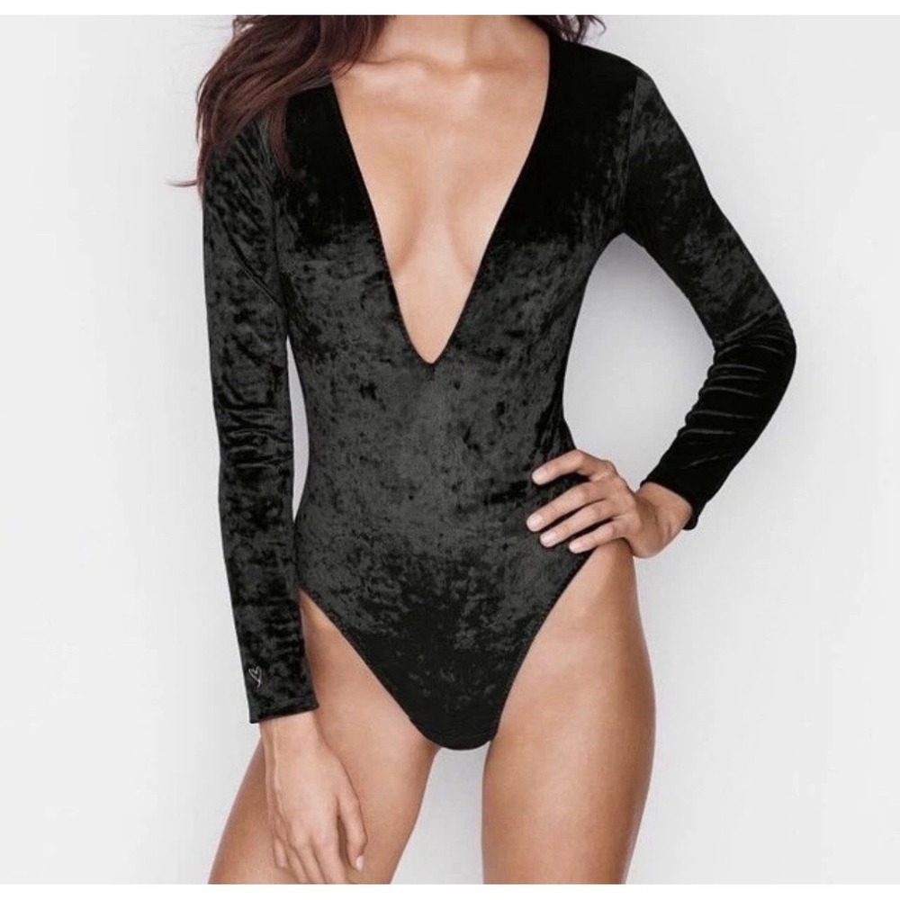 Victoria Secret Black Velvet Whimsigoth Sexy Deep V Plunge Thong Bodysuit XS/S
